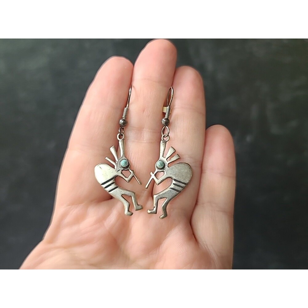 Masha 925 Sterling Silver Kokopelli Turquoise Pierced Dangling Earrings Vintage